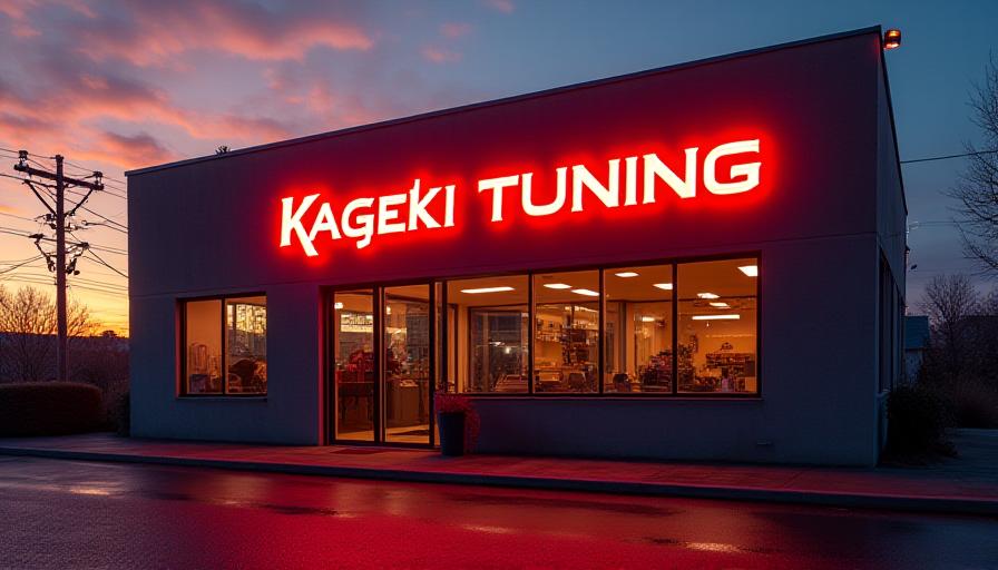 Exterior of the Kageki Tuning workshop at sunset with neon sign